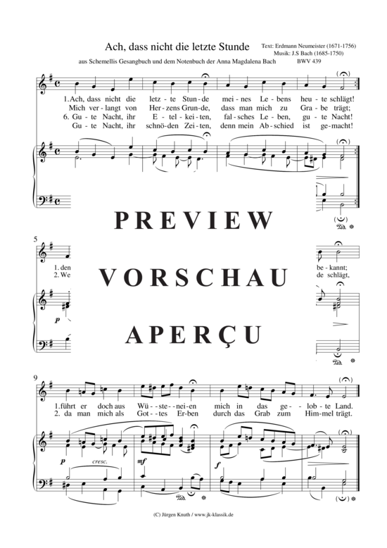 Ach dass nicht die letzte Stunde BWV 439 (Gesang + Klavier Cembalo Orgel) (Klavier  Gesang) von Joh. Seb. Bach
