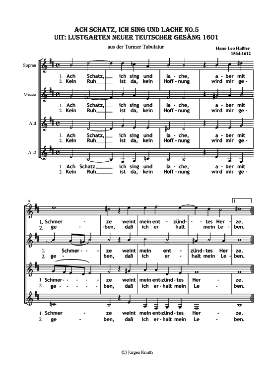 Ach Schatz ich sing und lache Nr. 5 (Frauenchor 4-stimmig) (Frauenchor) von Hans-Leo Ha ler (1564-1612)