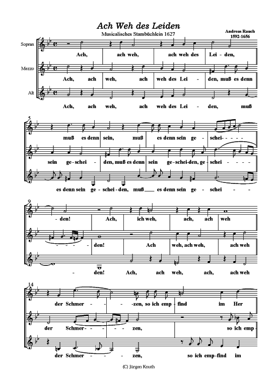 Ach Weh des Leiden (Frauenchor 3-stimmig) (Frauenchor) von Andreas Rauch (aus Musicalisches Stamb chlein 1627)