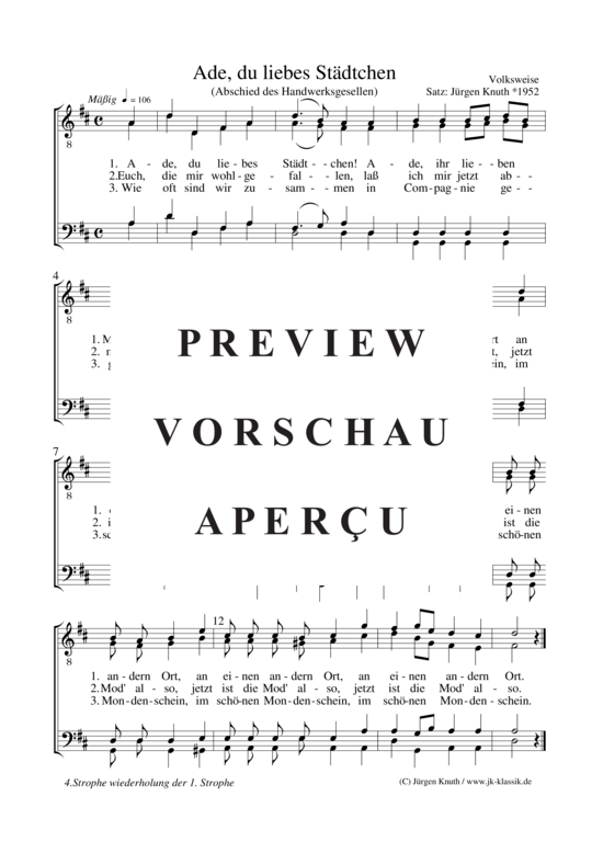 Ade du liebes St dtchen (Abschied des Handwerksgesellen) (M nnerchor) (M nnerchor) von unbekannt Satz J rgen Knuth 