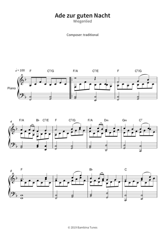 Ade zur guten Nacht - Wiegenlied (Klavier Solo) (Klavier Solo) von traditional