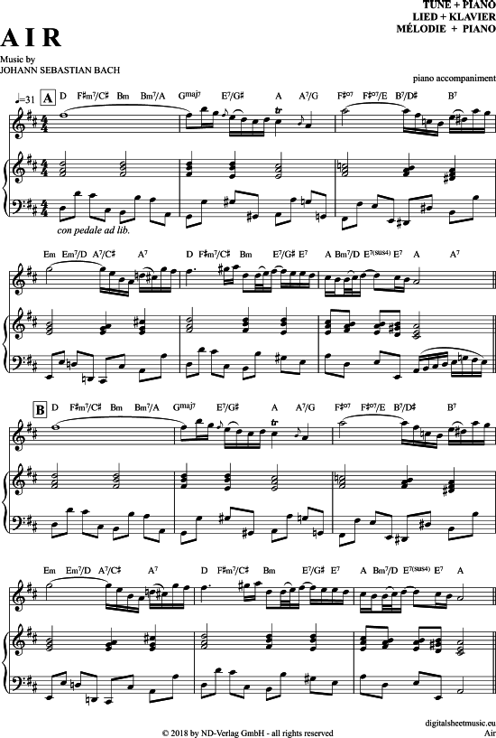 Air (Klavier Begleitung + Melodie) (Klavier Gesang  Gitarre) von Johann Sebastian Bach