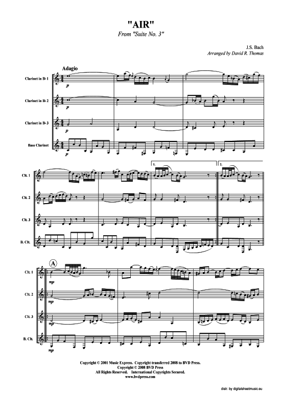 Air on the G String (Klarinetten-Quartett) (Quartett (Klarinette)) von J. S. Bach BWV 1068 (arr. Thomas)