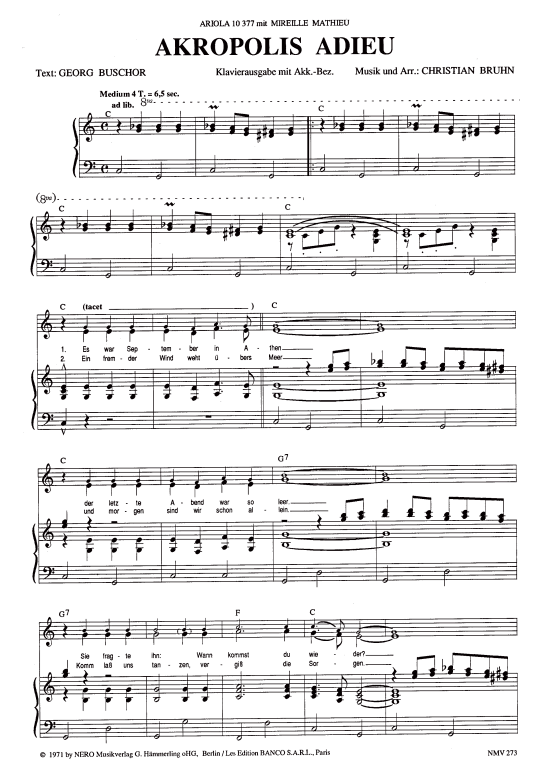Akropolis adieu (Klavier + Gesang) (Klavier Gesang  Gitarre) von Mireille Mathieu