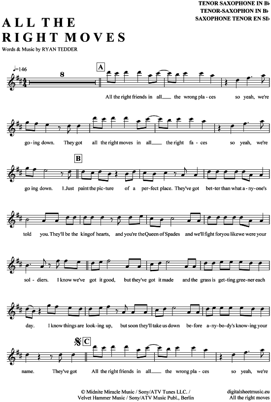 All the right moves (Tenor-Sax) (Tenor Saxophon) von OneRepublic