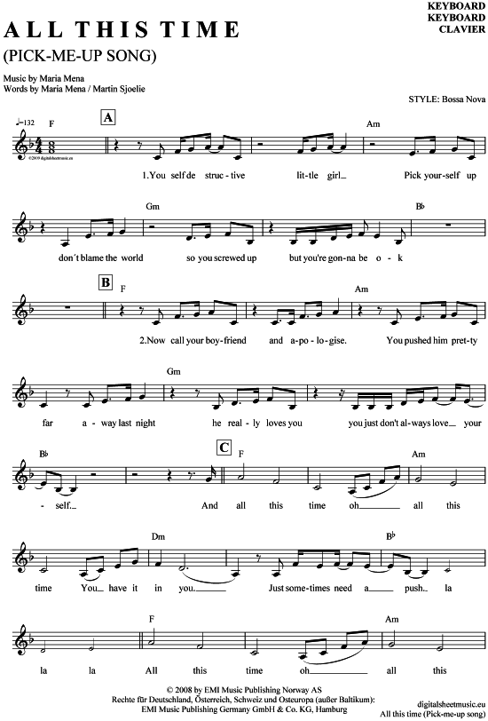 All this time PickMeUp Song Keyboard PDF Noten von Maria Mena in F