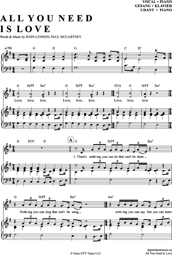 All You Need Is Love Klavier + Gesang PDF Noten von The Beatles in G
