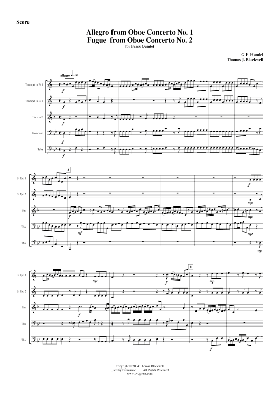 Allegro und Fugue (Blechbl serquintett) (Quintett (Blech Brass)) von G. F. H ndel (aus Oboen Konzert 1+2)
