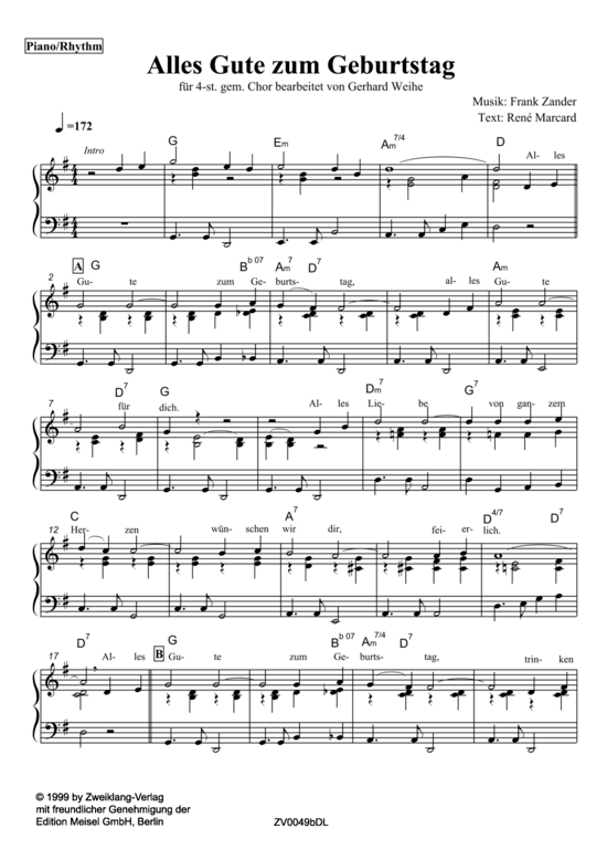 Alles Gute zum Geburtstag Männerchor + Klavier Klavierstimme - PDF Noten von Frank Zander in G