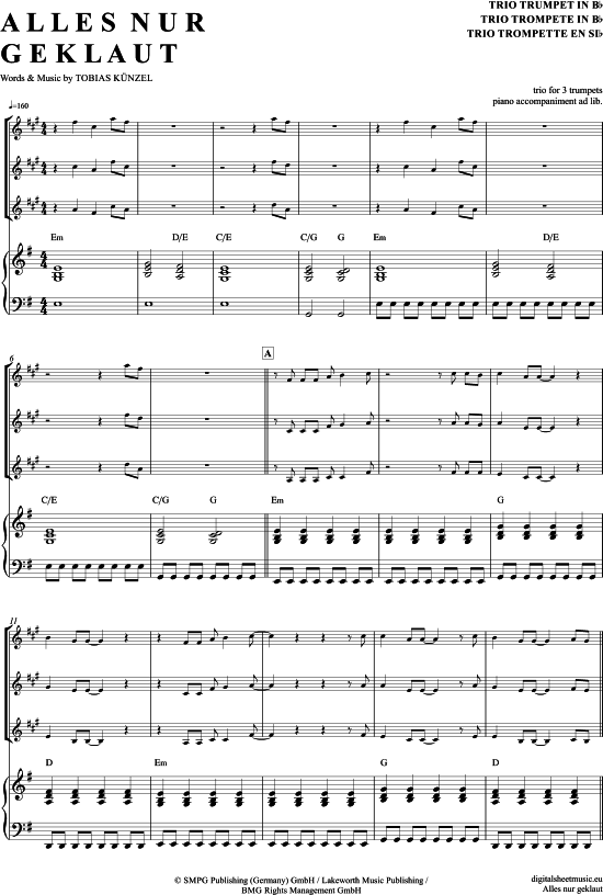 Alles nur geklaut (Trompeten Trio + Klavier) (Trio (Trompete)) von Die Prinzen