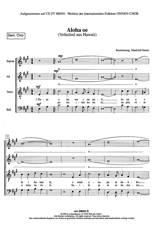 Aloha Oe (Gemischter Chor) (Gemischter Chor) von Traditional Hawaii (Manfred Onnen)