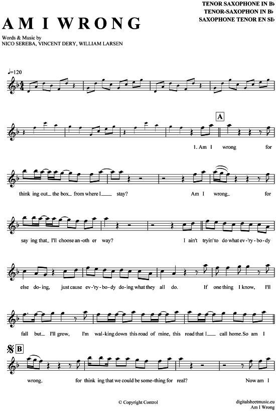 Am I wrong (Tenor-Sax) (Tenor Saxophon) von Nico amp Vinz