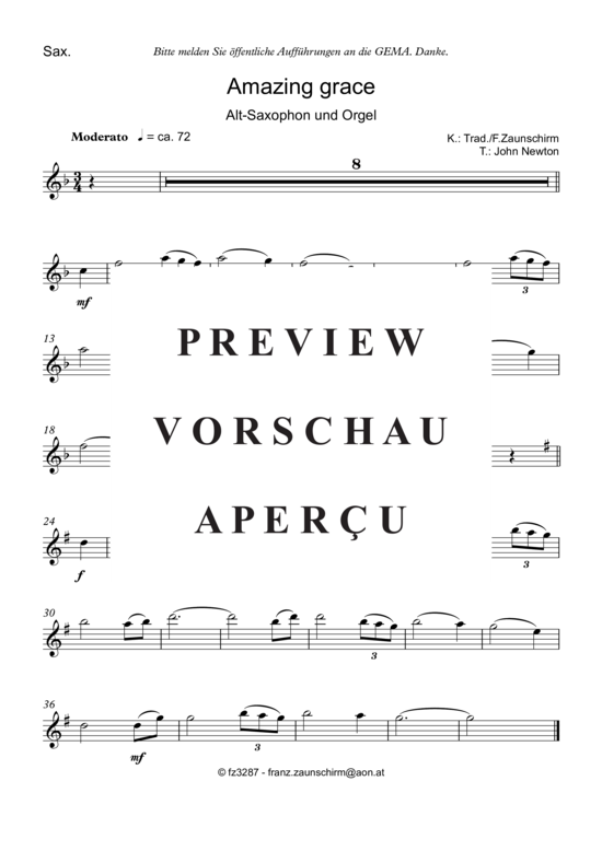 Amazing Grace (Alt Saxophon Solo + Orgel-Playback) (Orgel  Alt Saxophon) von Traditional (Zaunschirm)
