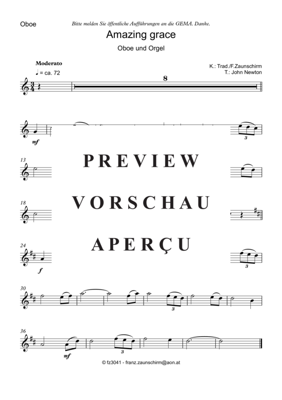 Amazing Grace (Oboe Solo + Orgel-Playback) (Orgel  Oboe) von Traditional (Zaunschirm)
