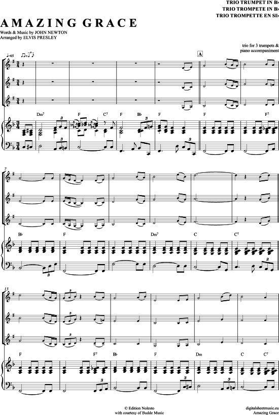 Amazing Grace (Trompeten Trio + Klavier) (Trio (Trompete)) von Elvis Presley