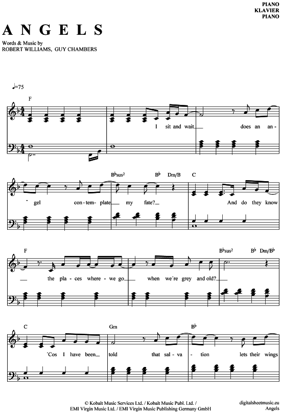 Angels Klavier Solo PDF Noten von Robbie Williams in F Dur 7070004
