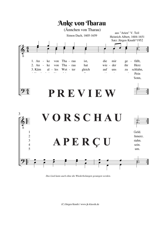 Anke von Tharau ( nnchen von Tharau) aus Arien V. Teil (M nnerchor) (M nnerchor) von Heinrich Albert 1604-1651 Satz J rgen Knuth 1952