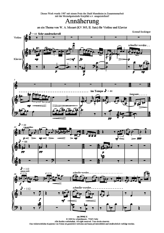 Ann auml herung (Klavier + Violine) (Klavier  Violine) von Konrad Seckinger (an ein Thema von Mozart)