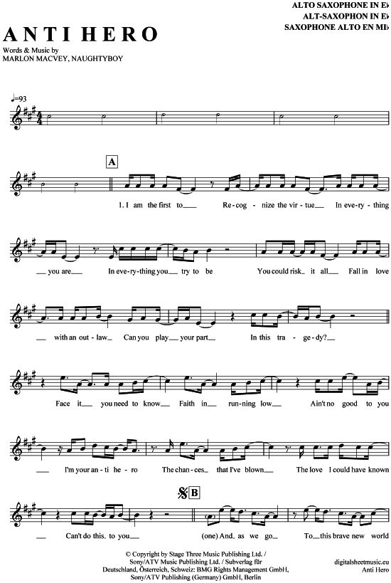 Anti Hero Brave New World AltSax PDF Noten von Marlon Roudette in