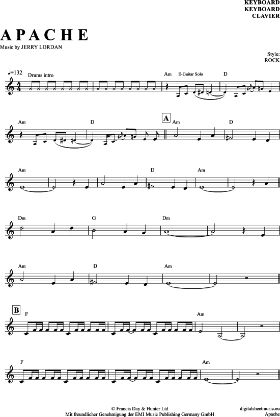 Apache Keyboard PDF Noten von The Shadows in A Moll 7060474