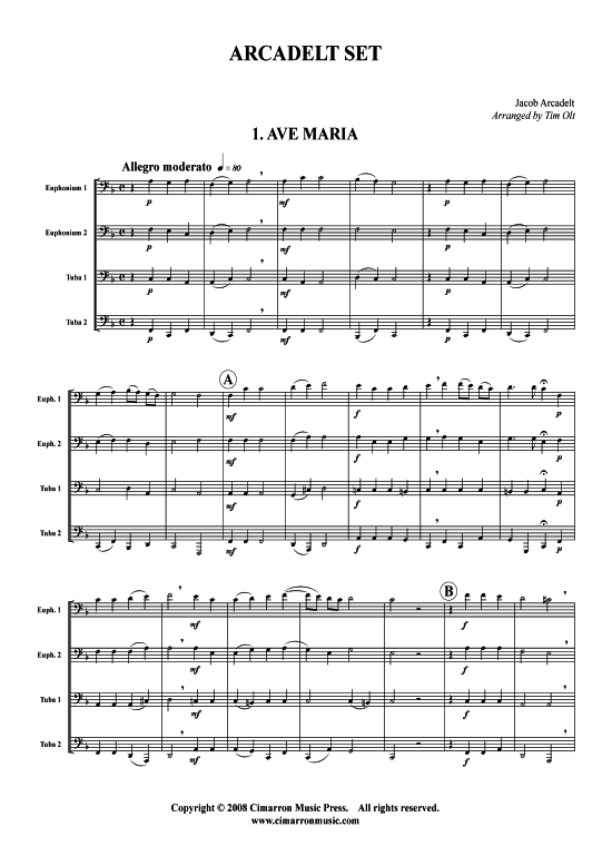 Arcadelt Set 1. Ave Maria 2. Il Bianco e Dolce (Tuba Quartett 2x Bariton 2xTuba) (Quartett (Tuba)) von J. Arcadelt