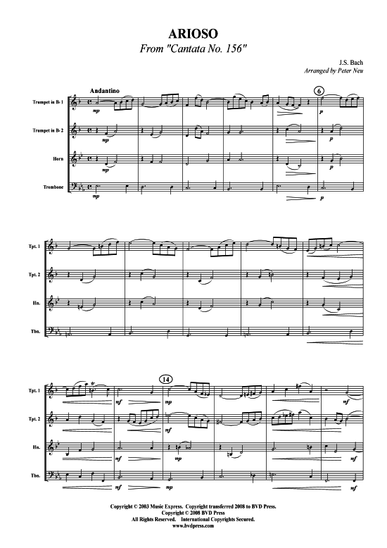 Arioso (2xTromp in B Horn in F (Pos) Pos) (Quartett (Blech Brass)) von J. S. Bach (arr. Neu)