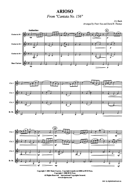Arioso (3xKLAR in B Bass-KLAR) (Quartett (Klarinette)) von J. S. Bach (arr. Neu)