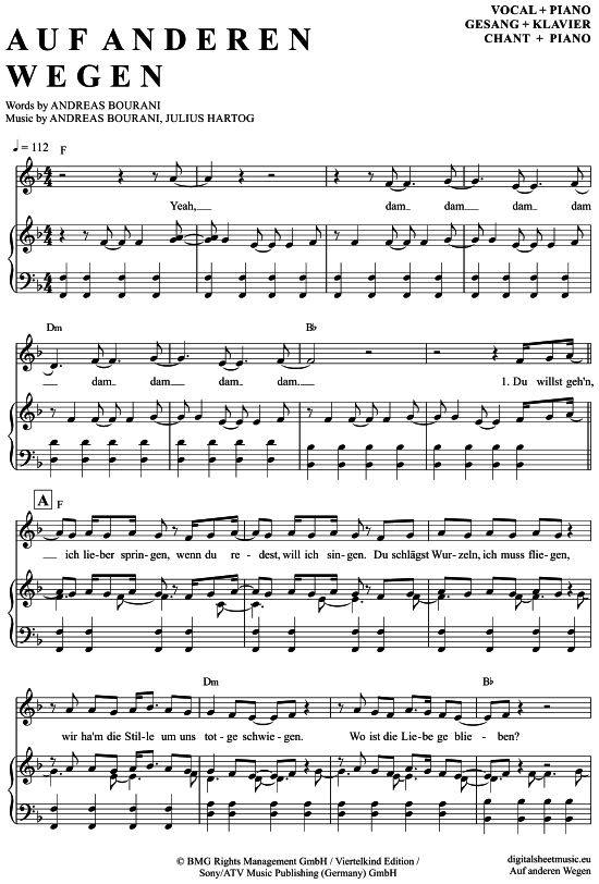 Andreas Bourani Auf Anderen Wegen Songtext Auf anderen Wegen Klavier + Gesang - PDF Noten von Andreas Bourani in F