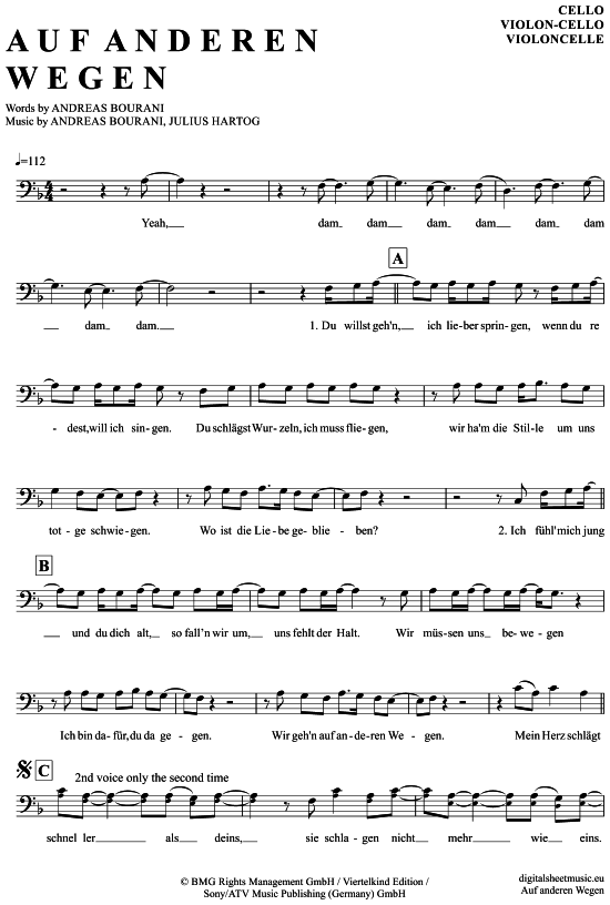 Andreas Bourani Auf Anderen Wegen Songtext Auf anderen Wegen Violon-Cello - PDF Noten von Andreas Bourani in F Dur