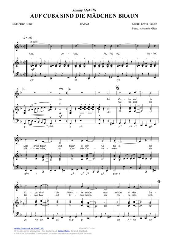 Auf Cuba sind die M auml dchen braun (Klavier + Gesang) (Klavier Gesang  Gitarre) von Jimmy Makulis