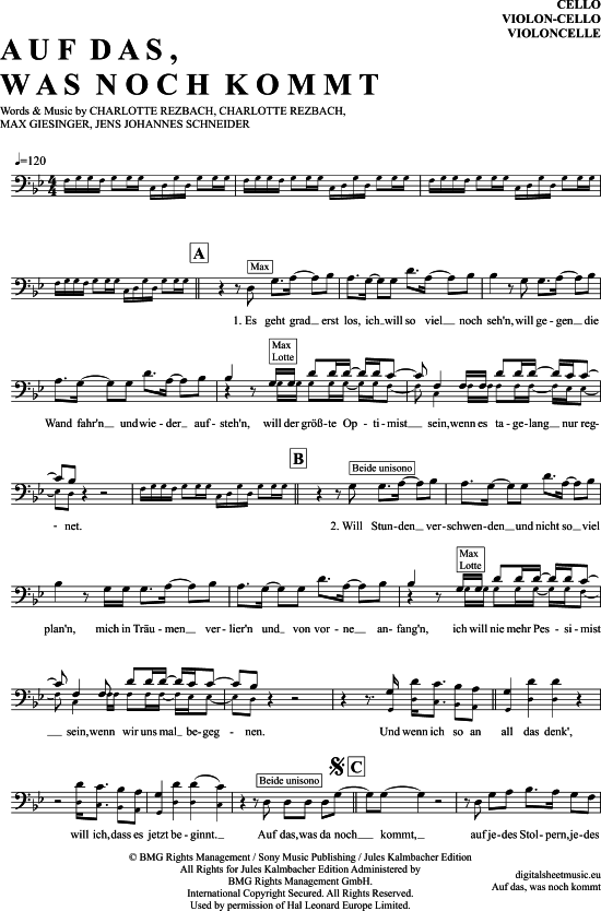 Auf Das Was Da Noch Kommt Chords Auf Das, Was Noch Kommt Violoncello - PDF Noten von Lotte und Max