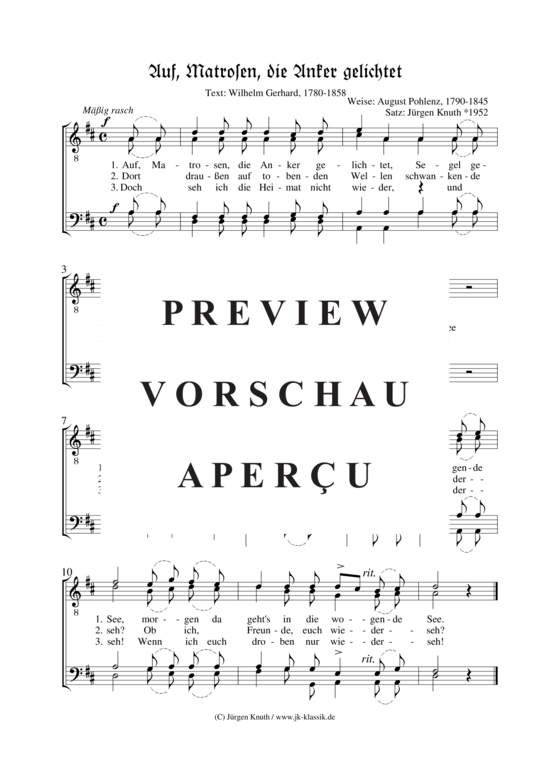 Auf Matrosen die Anker gelichtet (M nnerchor) (M nnerchor) von August Pohlenz 1790-1845  Satz J rgen Knuth 1952