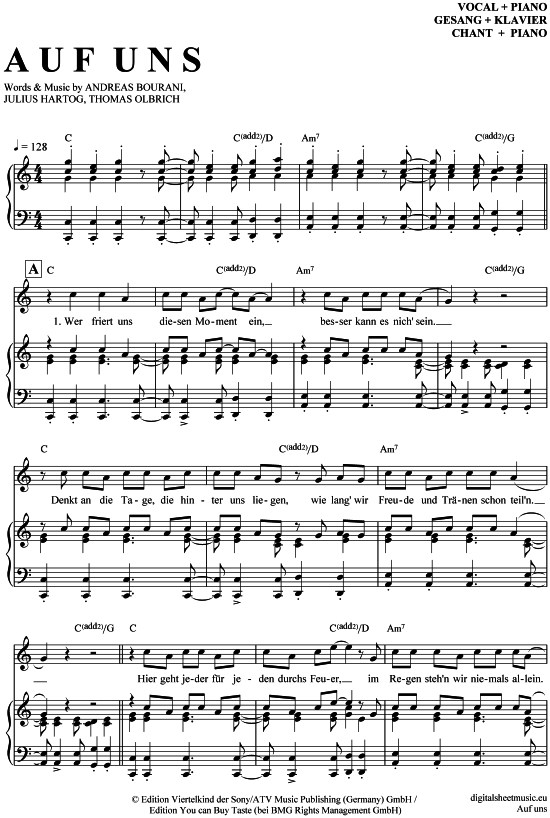 Auf uns Klavier + Gesang PDF Noten von Andreas Bourani ''Ein Hoch Auf Uns'' in C Dur 7070353