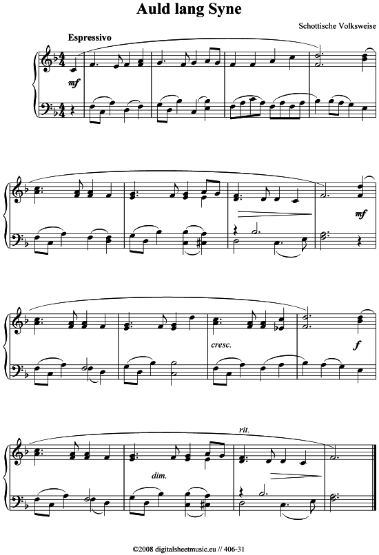 Auld lang syne (Klavier solo) (Klavier einfach) von Schottische Volksweise