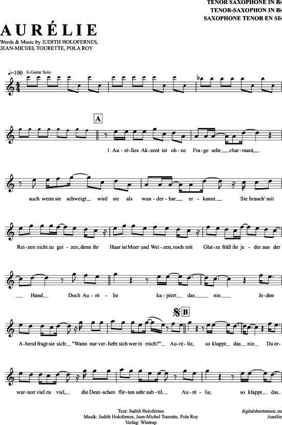 Aurelie Tenor-Sax - PDF Noten von Wir Sind Helden in C Dur - 7111321