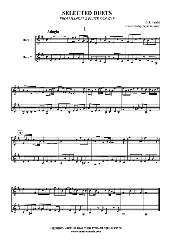 Ausgew auml hlte Duette aus H auml ndel s Fl ouml ten-Sonaten (2x Horn) (Duett (Horn)) von G. F. H auml ndel