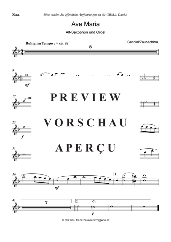 Ave Maria (Alt Saxophon Solo + Orgel-Playback) (Orgel  Alt Saxophon) von Giulio Caccini (Zaunschirm)