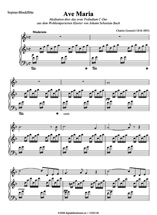 Ave Maria (Blockfl te + Klavier) (Klavier  Blockfl te) von Charles Gounod (1818-1893)