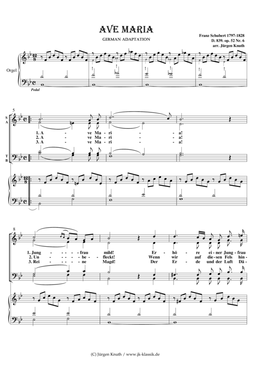 Ave Maria D.839 op.52.6 B-Dur German Adaptation (Gemischter Chor + Orgel) (Gemischter Chor Orgel) von Franz Schubert 1797-1828