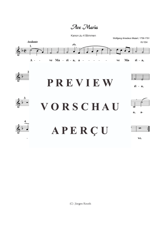 Ave Maria (Kanon 4-stimmig) (Gesang) von W. A. Mozart KV 554