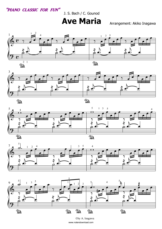 Ave Maria (Klavier solo mit Fingersatz) (Klavier Solo) von J.S.Bach - C.Gounod (arr. A. Inagawa)