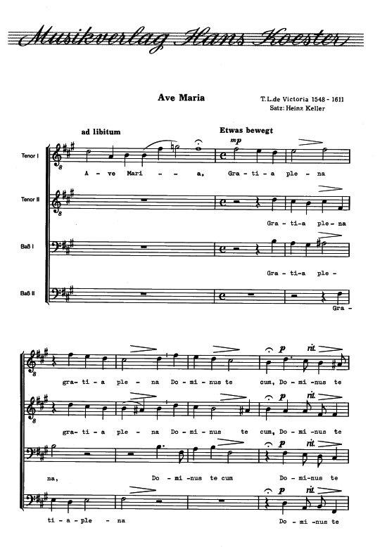Ave Maria (M auml nnerchor) (M nnerchor) von Tom aacute s Luis de Victoria (Satz Heinz Keller)