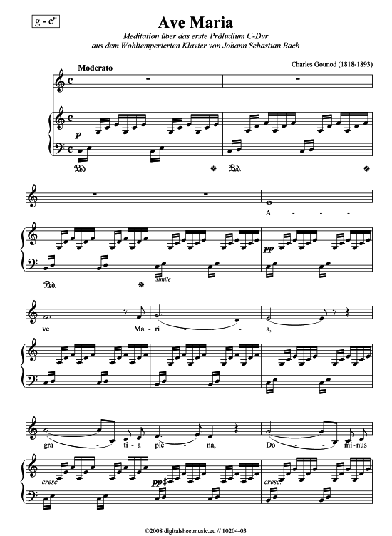 Ave Maria tief (g - e ) (Klavier  Gesang) von Charles Gounod (1818-1893)