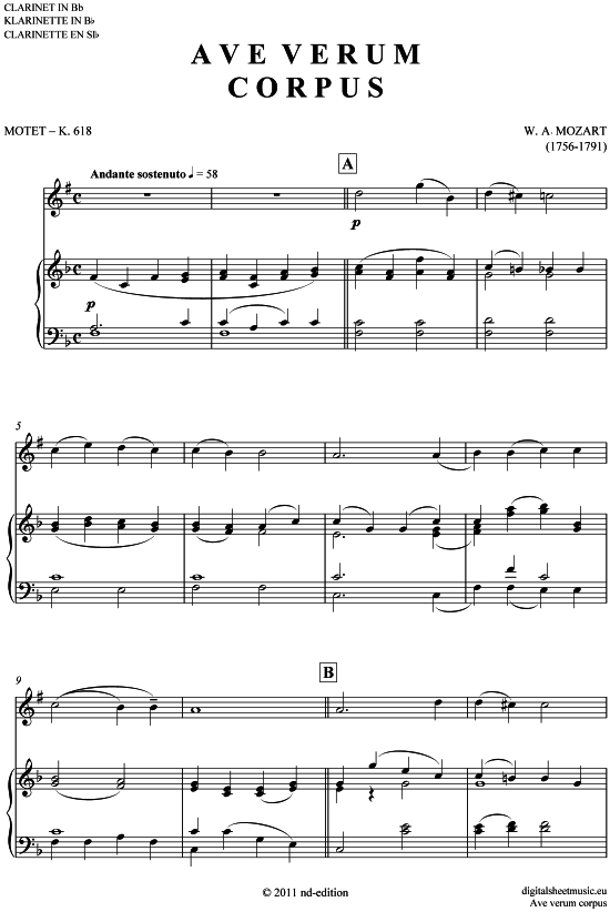 Ave verum corpus (Klarinette in B + Klavier) (Klavier  Klarinette) von Wolfgang Amadeus Mozart (KV 618)