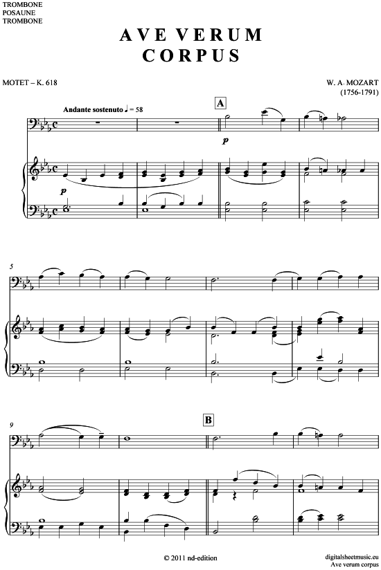 Ave verum corpus (Posaune + Klavier) (Klavier  Posaune) von Wolfgang Amadeus Mozart (KV 618)