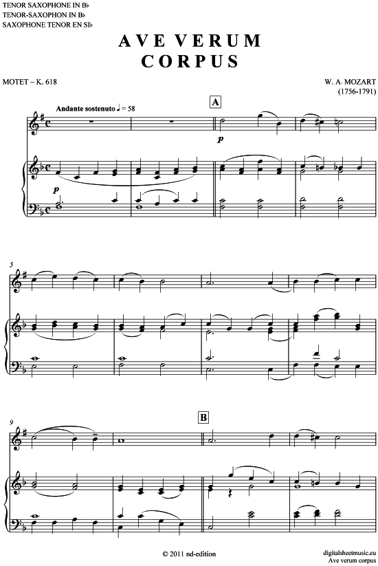 Ave verum corpus (Tenor-Sax + Klavier) (Klavier  Tenor Saxophon) von Wolfgang Amadeus Mozart (KV 618)