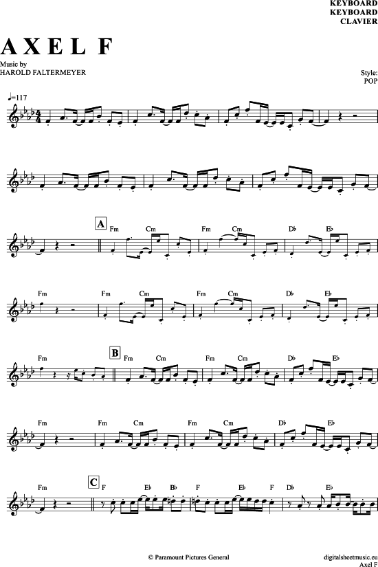 Axel F Keyboard PDF Noten von Harold Faltermeyer in F Moll 7060424
