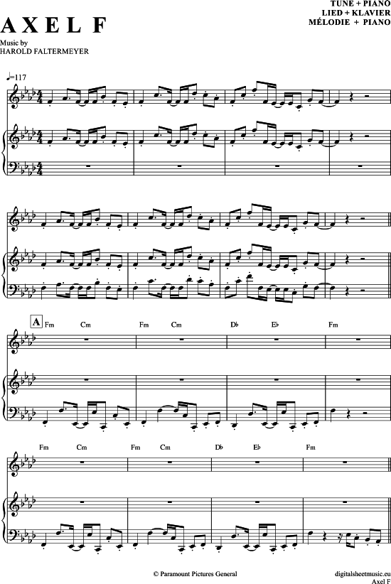 Axel F Klavier + Melodieinstrument PDF Noten von Harold Faltermeyer
