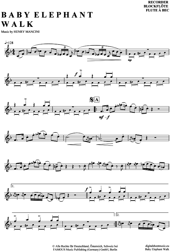 Baby Elephant Walk (Blockfl ouml te) (Blockfl te) von Henry Mancini (mit ausnotierten Soli)