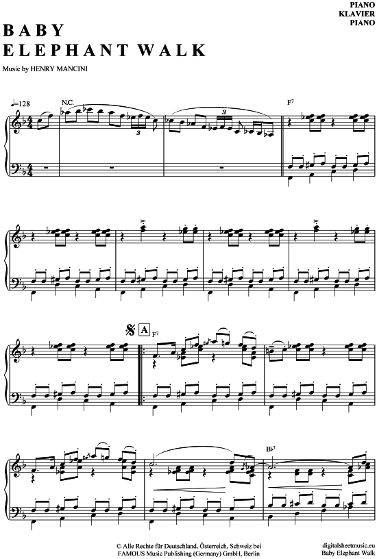 Baby Elephant Walk (Klavier solo) (Klavier Solo) von Henry Mancini (mit ausnotierten Soli)